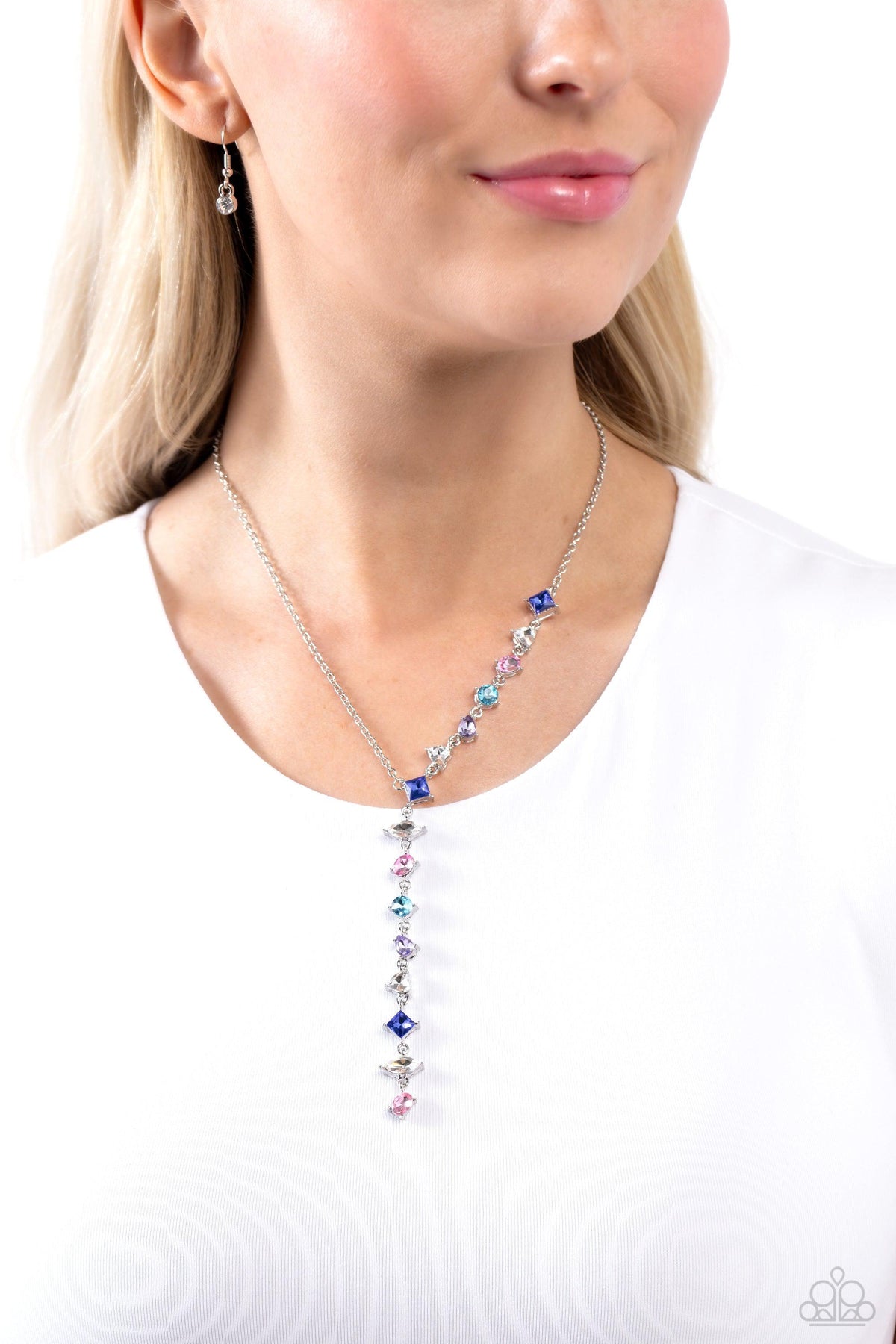 Diagonal Daydream Multi Rhinestone Necklace - Paparazzi Accessories- on model - CarasShop.com - Paparazzi Jewelry by Cara Jewels