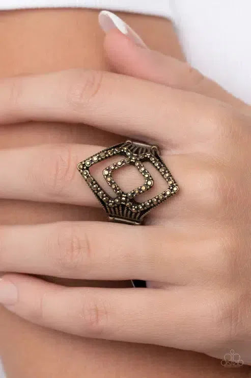 Diamond Duet Brass Ring - Paparazzi Accessories-on model - CarasShop.com - Paparazzi Jewelry by Cara Jewels