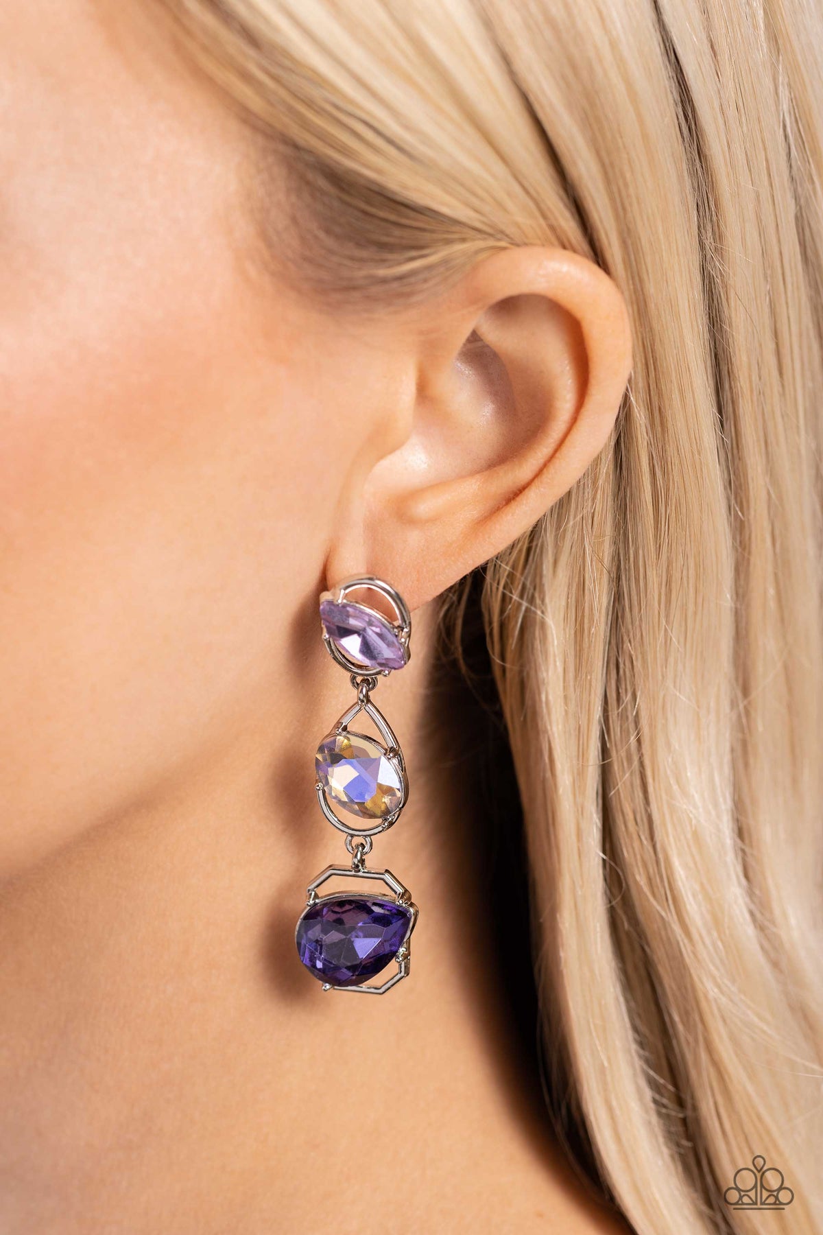 Dimensional Dance Purple Rhinestone Earrings - Paparazzi Accessories- on model - CarasShop.com - Paparazzi Jewelry by Cara Jewels