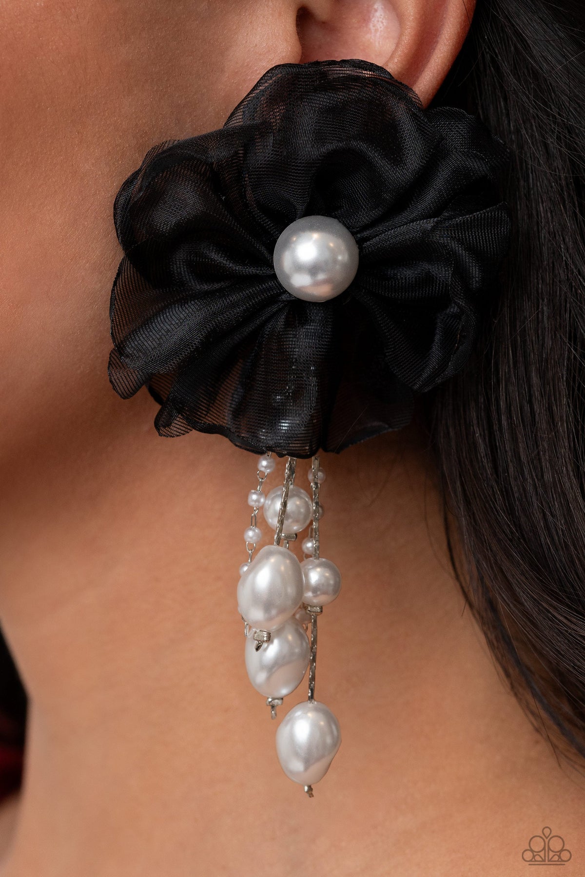 Dipping in Decadence Black & White Pearl Earrings - Paparazzi Accessories- on model - CarasShop.com - Paparazzi Jewelry by Cara Jewels