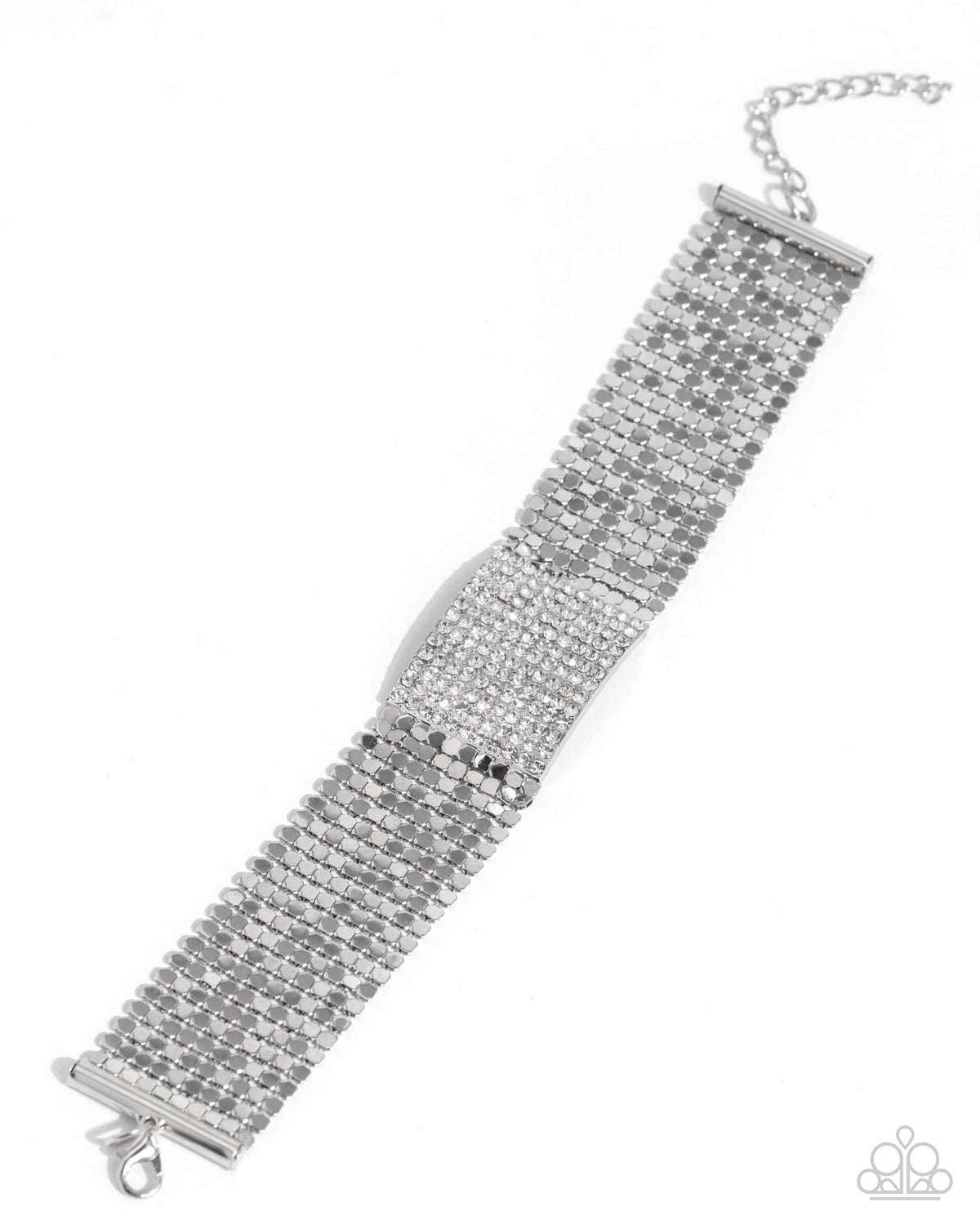 Disco Dame White Rhinestone & Silver Bracelet - Paparazzi Accessories- lightbox - CarasShop.com - Paparazzi Jewelry by Cara Jewels
