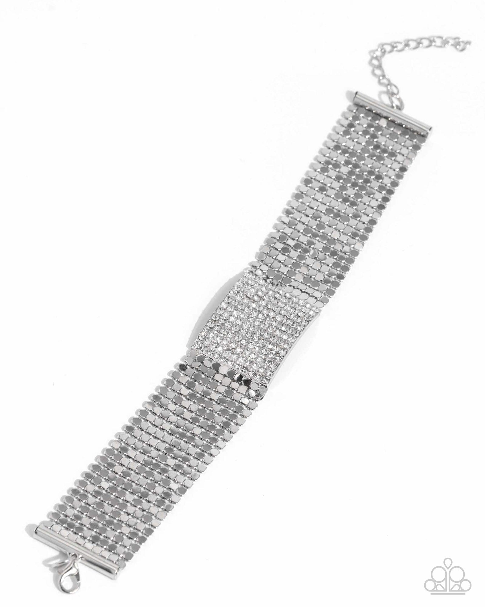 Disco Dame White Rhinestone & Silver Bracelet - Paparazzi Accessories- lightbox - CarasShop.com - Paparazzi Jewelry by Cara Jewels