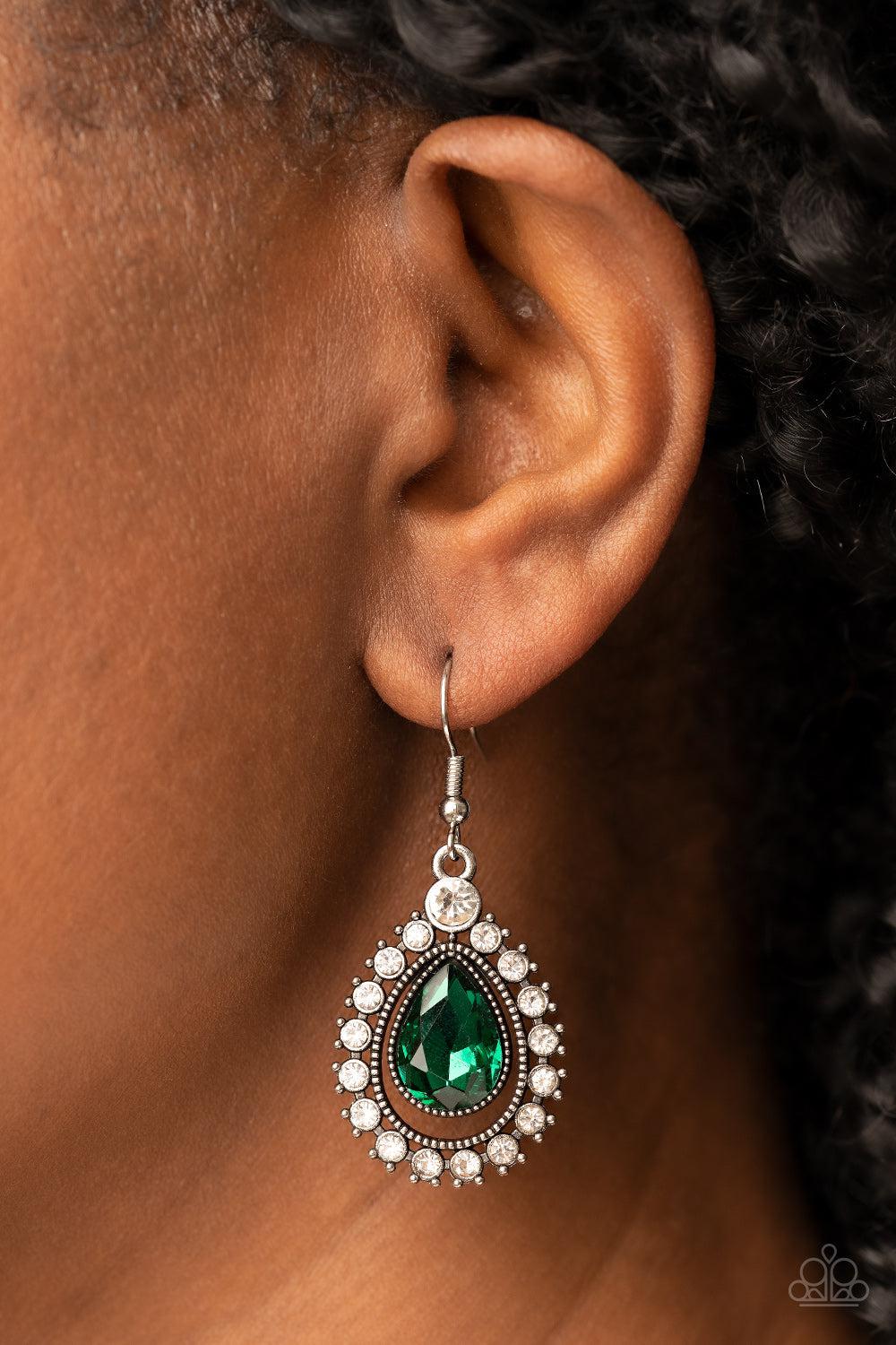 Divinely Duchess Green Rhinestone Earrings - Paparazzi Accessories- lightbox - CarasShop.com - Paparazzi Jewelry by Cara Jewels