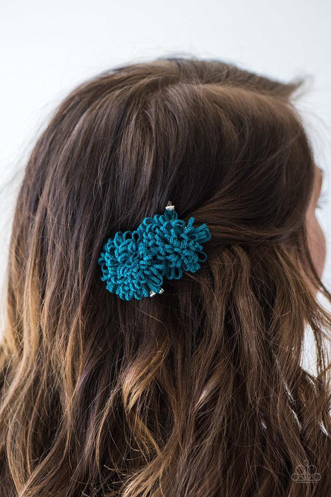 Don't Grow There Blue Flower Hair Clips - Paparazzi Accessories- on model - CarasShop.com - Paparazzi Jewelry by Cara Jewels