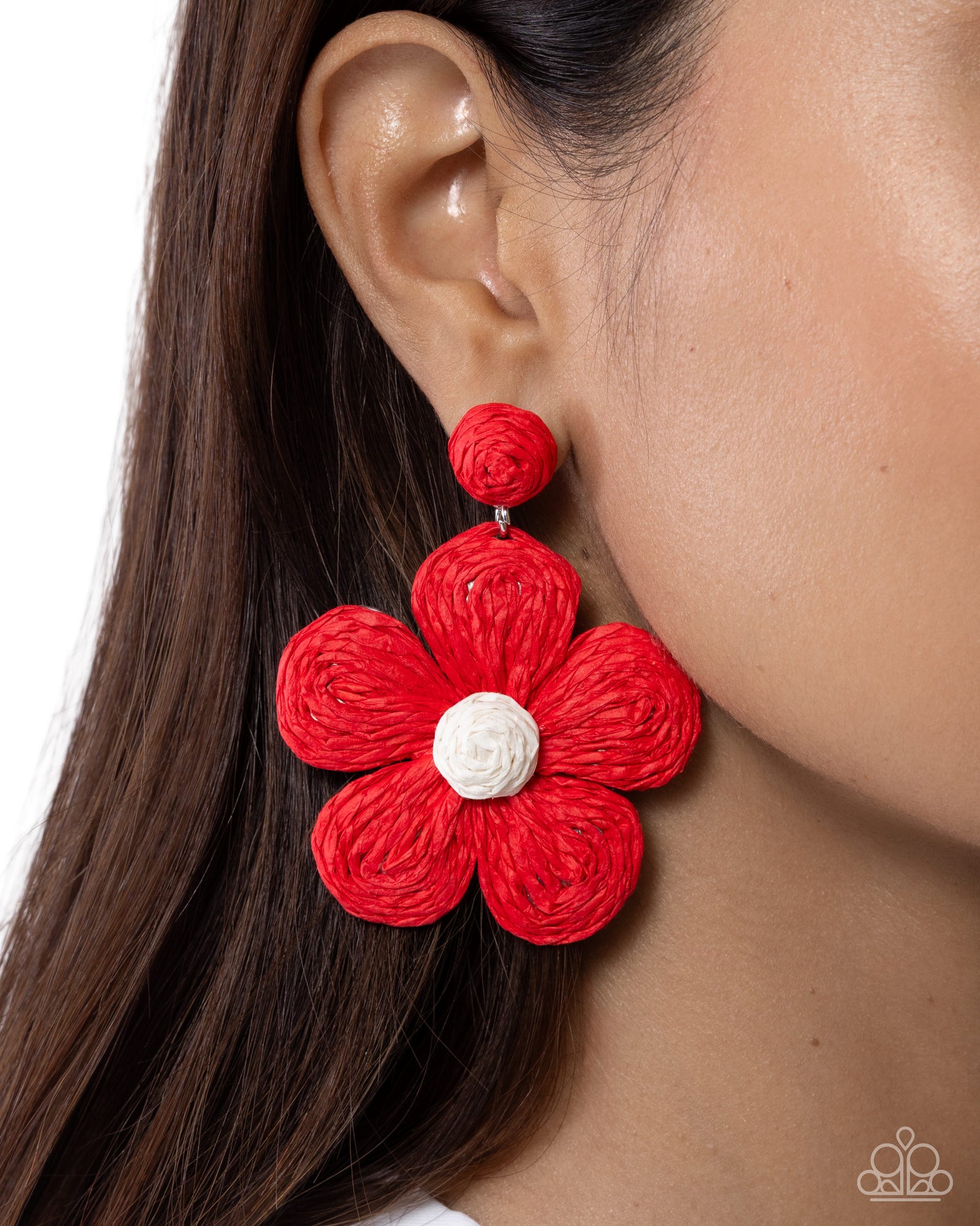 Double Daisies Red Raffia Flower Earrings - Paparazzi Accessories- lightbox - CarasShop.com - Paparazzi Jewelry by Cara Jewels