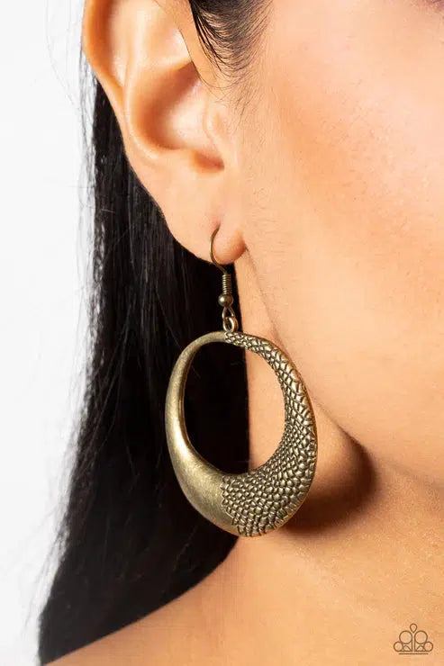 Downtown Jungle Brass Earrings - Paparazzi Accessories- on model - CarasShop.com - Paparazzi Jewelry by Cara Jewels