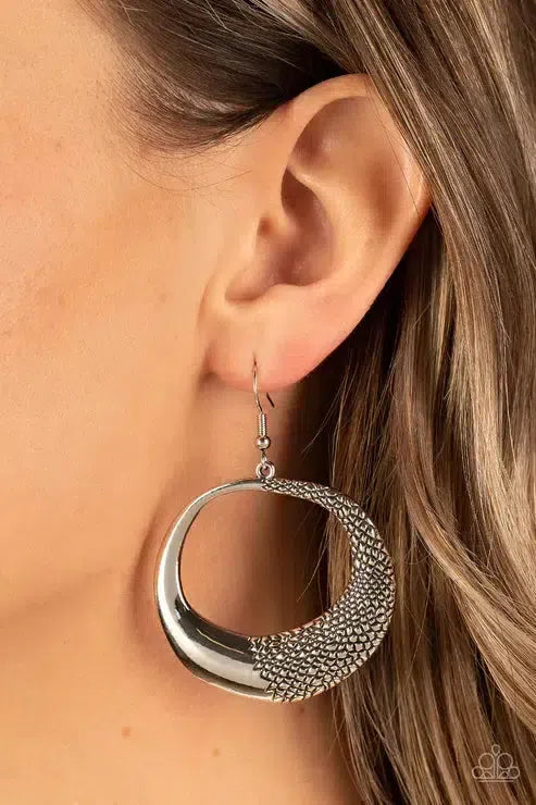 Downtown Jungle Silver Earrings - Paparazzi Accessories-on model - CarasShop.com - Paparazzi Jewelry by Cara Jewels