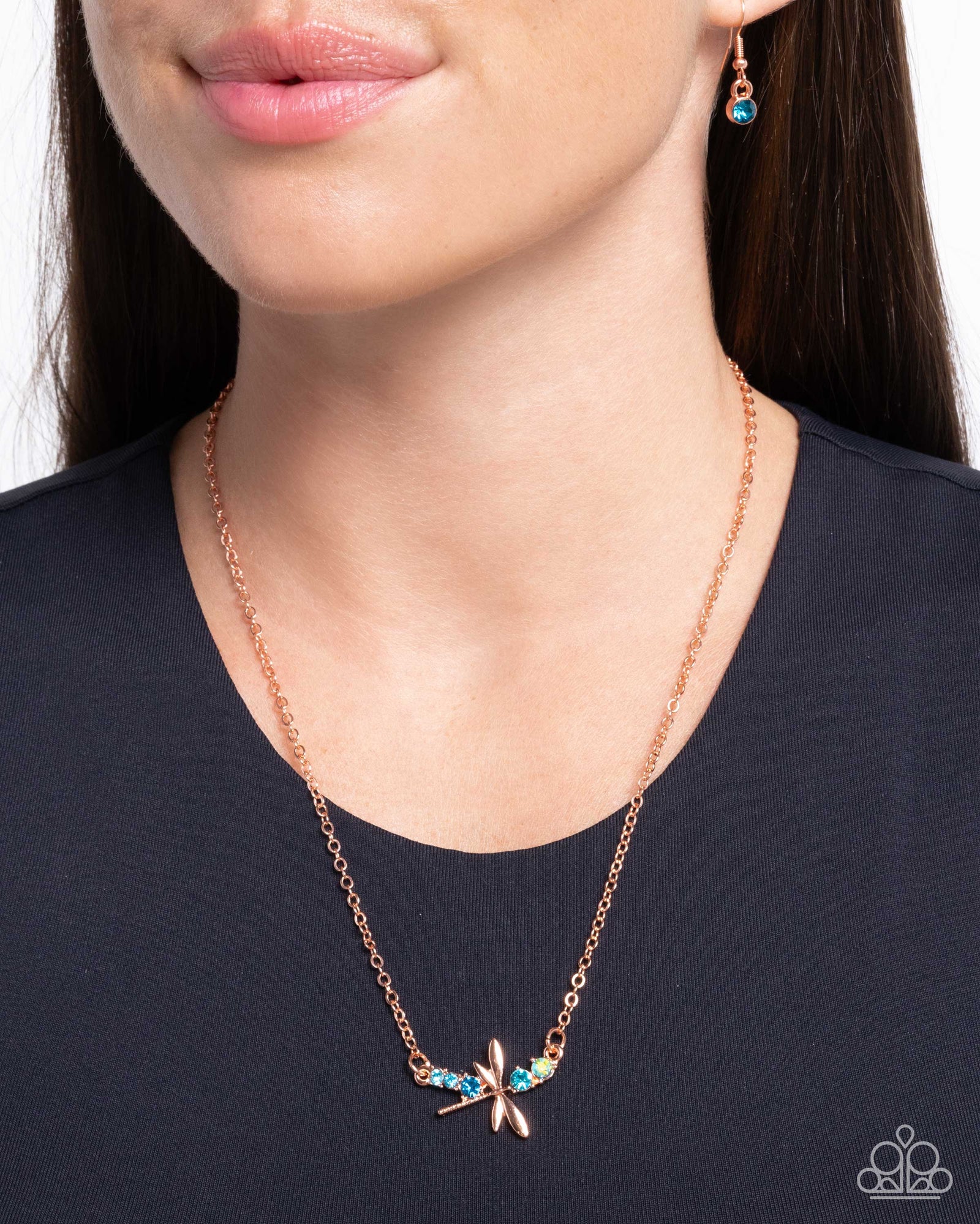Dragonfly Deed Copper & Blue Rhinestone Necklace - Paparazzi Accessories- lightbox - CarasShop.com - Paparazzi Jewelry by Cara Jewels