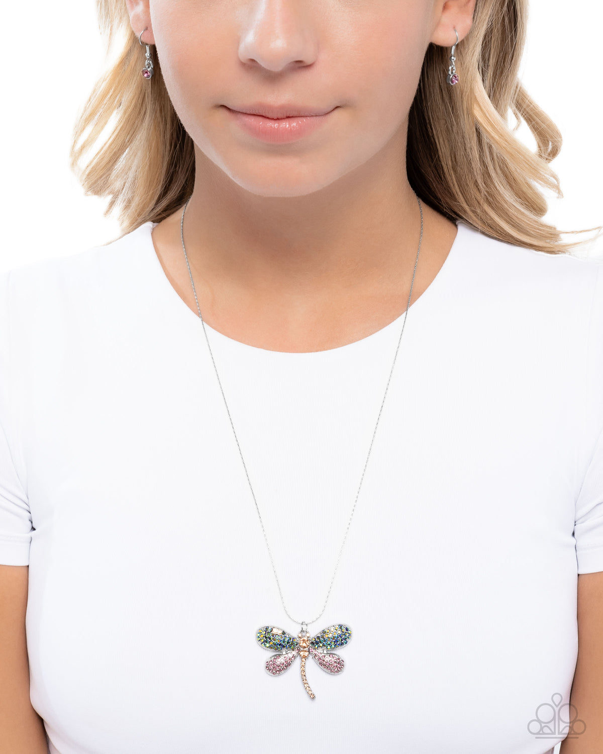 Dragonfly Defiance Purple & Green Rhinestone Necklace - Paparazzi Accessories- on model - CarasShop.com - Paparazzi Jewelry by Cara Jewels