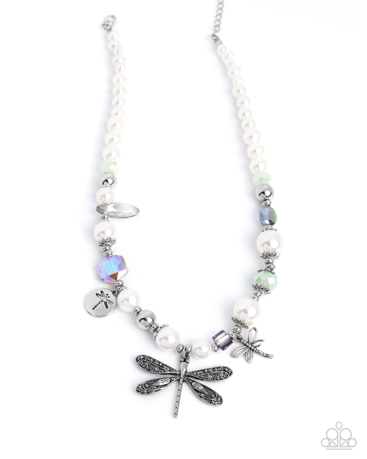 Dragonfly Delight Multi White Pearl & Silver Charm Necklace - Paparazzi Accessories- lightbox - CarasShop.com - Paparazzi Jewelry by Cara Jewels