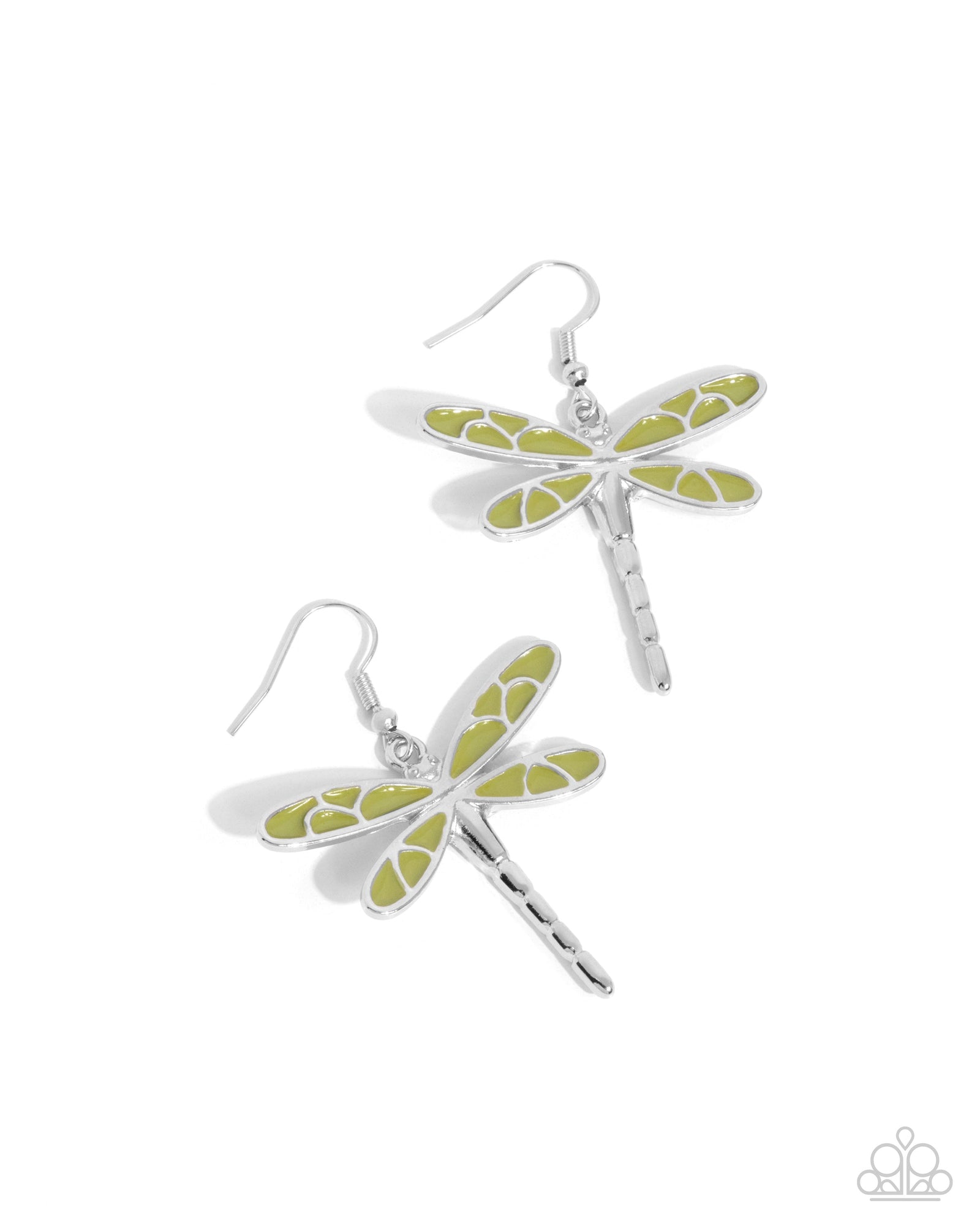 Dragonfly Descent Green & Silver Earrings - Paparazzi Accessories- lightbox - CarasShop.com - Paparazzi Jewelry by Cara Jewels
