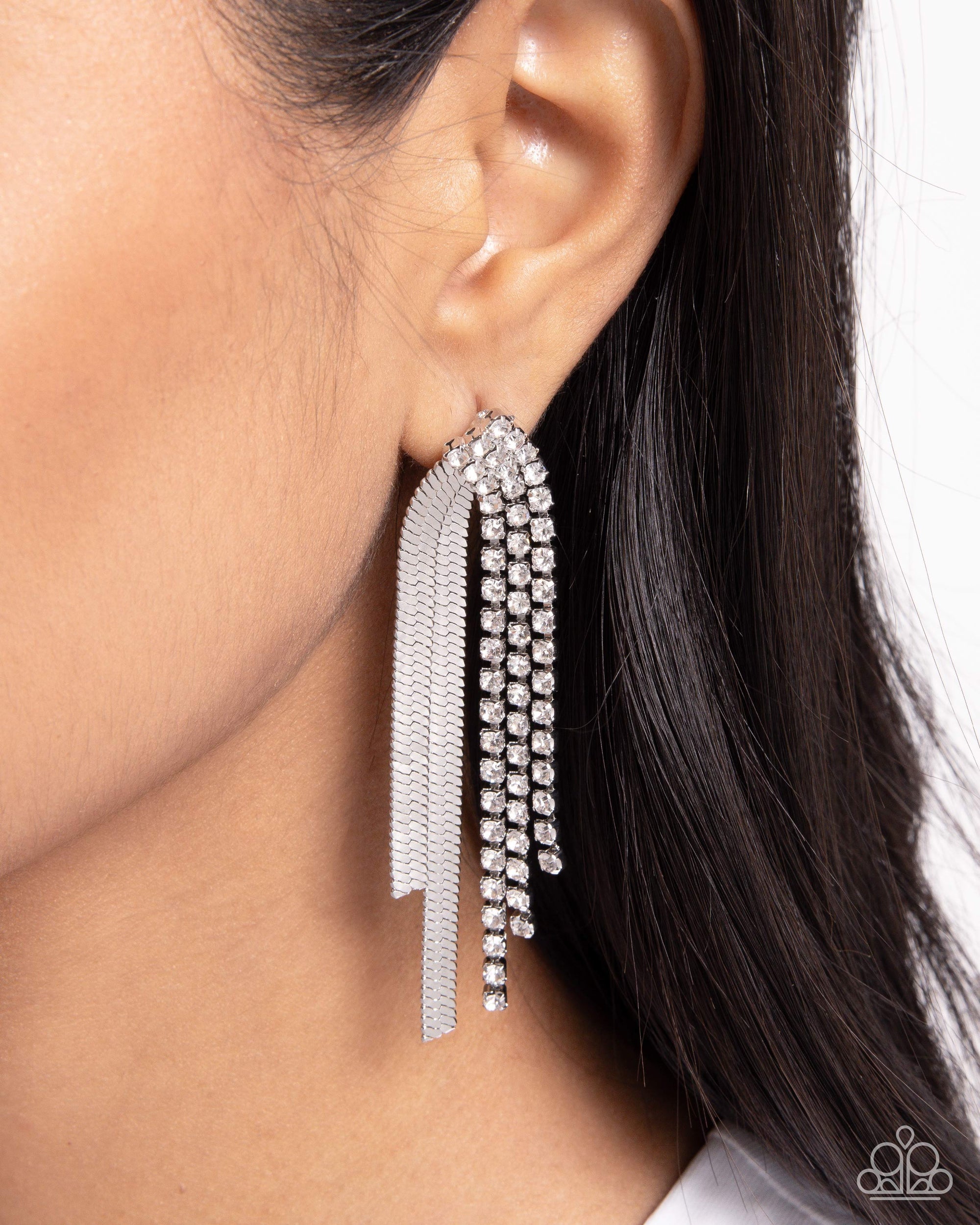 Dramatic Downpour White Rhinestone and Silver Chain Earrings - Paparazzi Accessories- lightbox - CarasShop.com - Paparazzi Jewelry by Cara Jewels