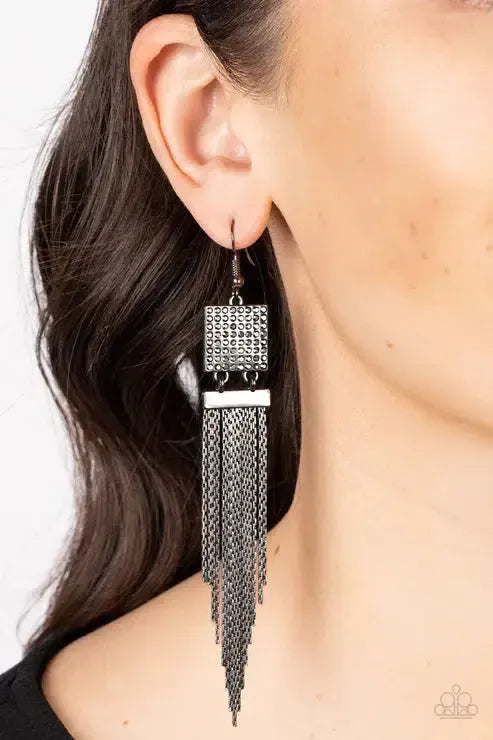 Dramatically Deco Black Earrings - Paparazzi Accessories- on model - CarasShop.com - Paparazzi Jewelry by Cara Jewels