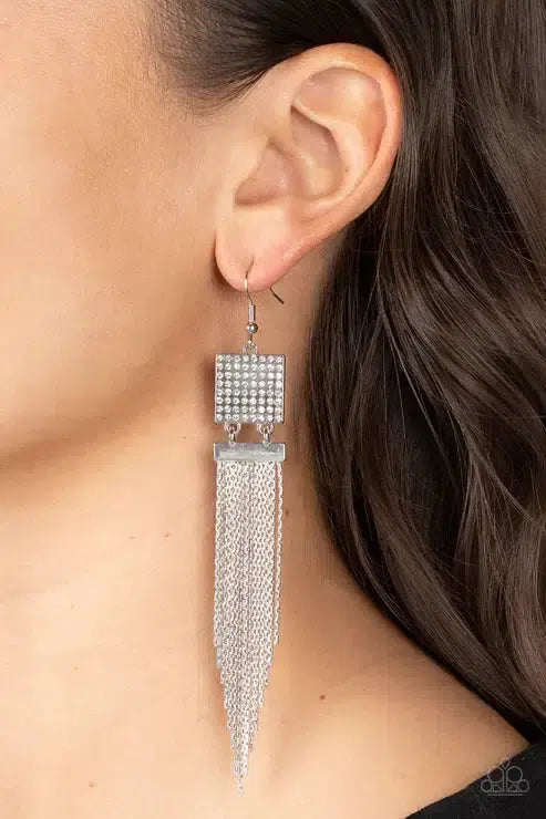 Dramatically Deco White Earrings - Paparazzi Accessories-on model - CarasShop.com - Paparazzi Jewelry by Cara Jewels