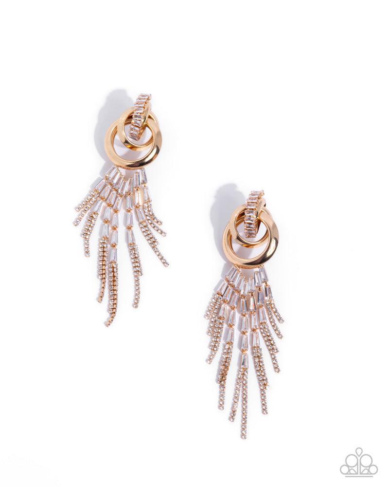 Draped in Drama Gold & White Rhinestone Earrings - Paparazzi Accessories- lightbox - CarasShop.com - Paparazzi Jewelry by Cara Jewels