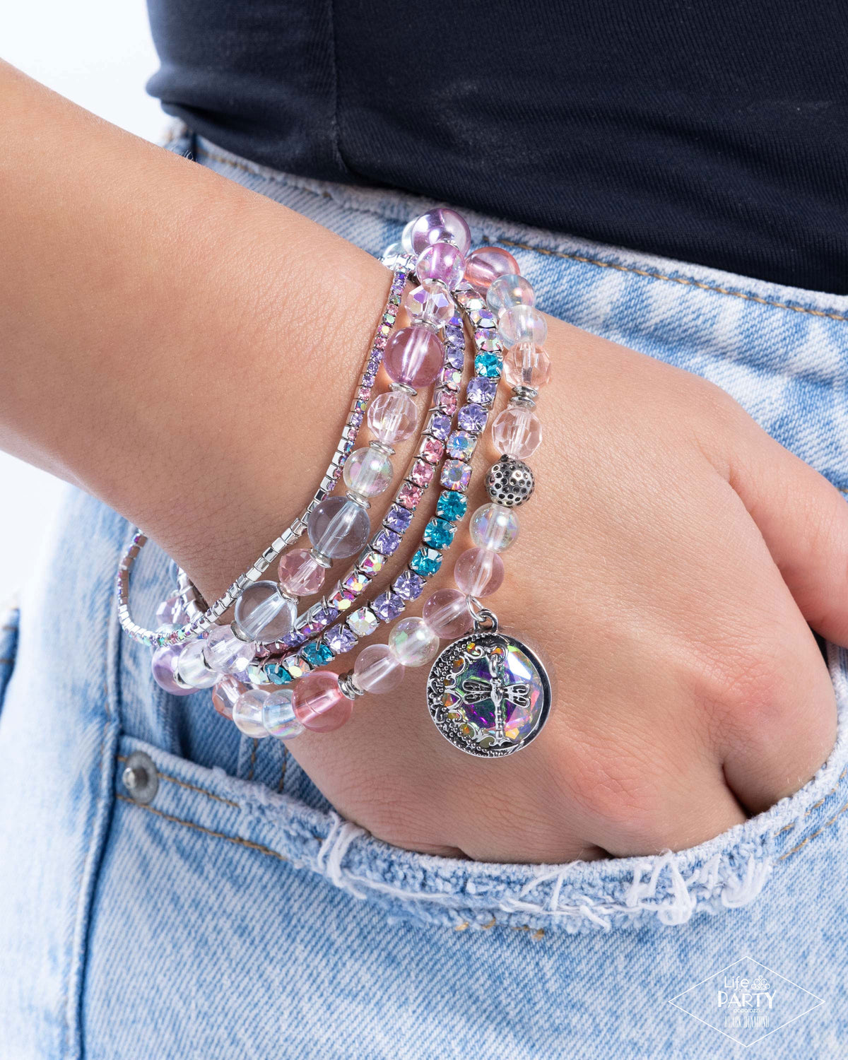 Dream On Dragonfly Multi Rhinestone and Dragonfly Charm Bracelet - Paparazzi Accessories- on model - CarasShop.com - Paparazzi Jewelry by Cara Jewels