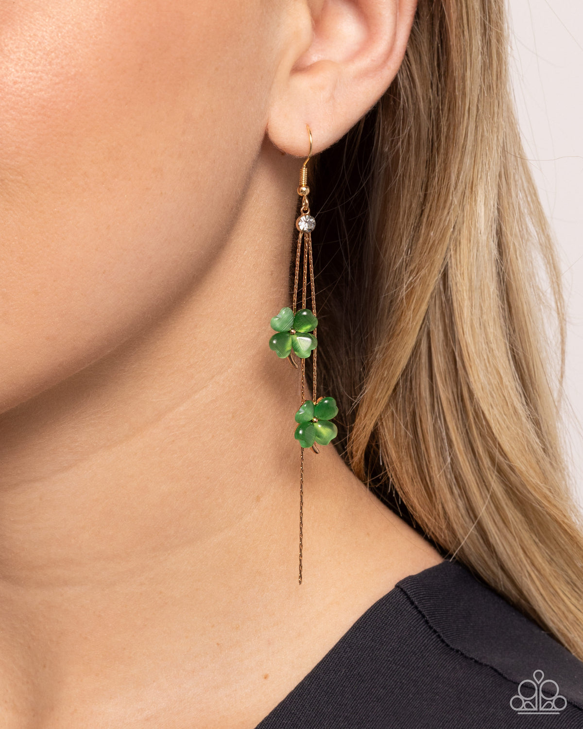 Dreamy Disposition Gold & Green Shamrock Earrings - Paparazzi Accessories- on model - CarasShop.com - Paparazzi Jewelry by Cara Jewels