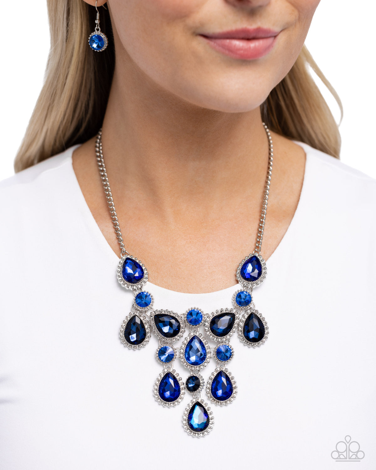 Dripping in Dazzle Blue Rhinestone Necklace - Paparazzi Accessories- on model - CarasShop.com - Paparazzi Jewelry by Cara Jewels
