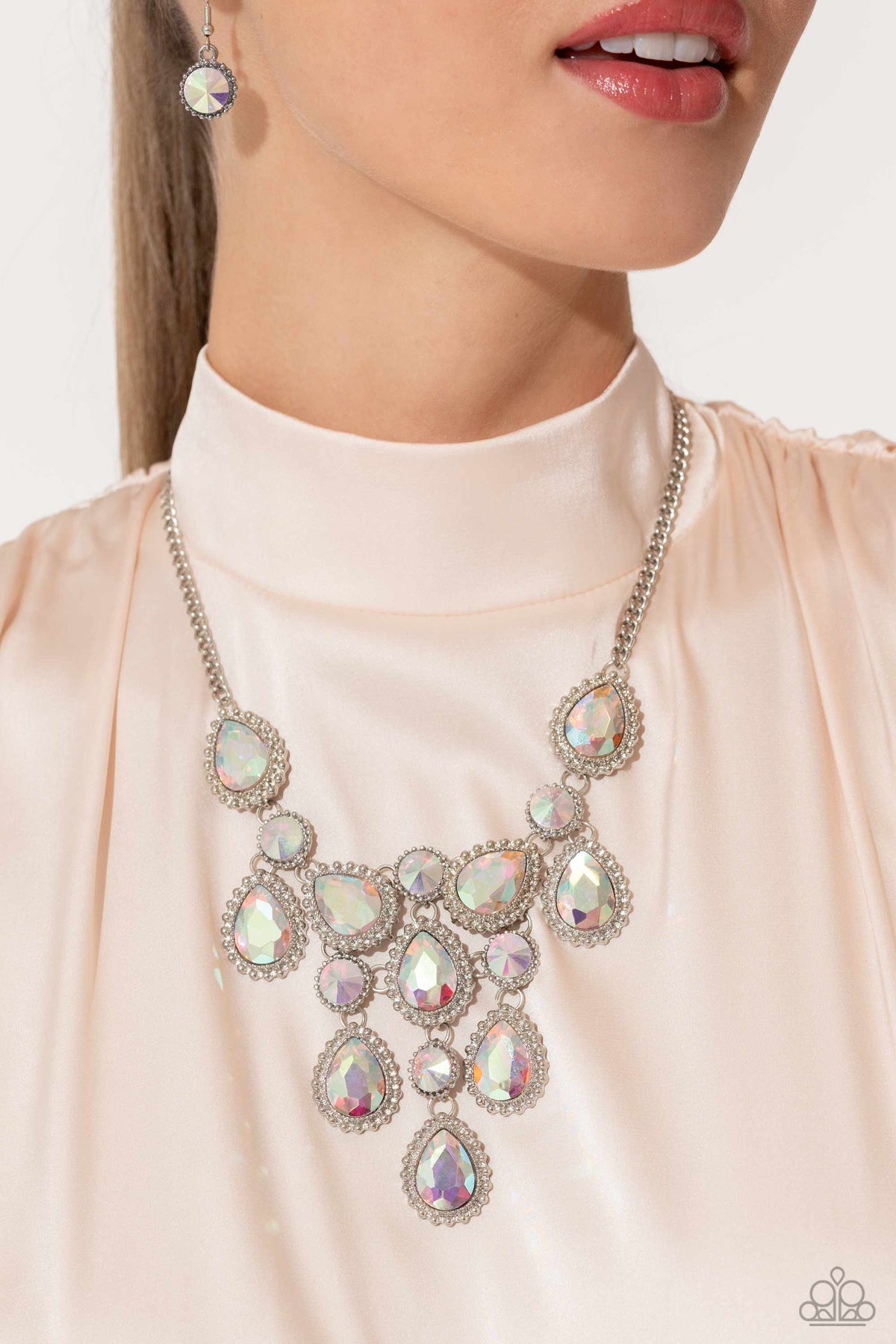 Dripping in Dazzle Multi Iridescent Rhinestone Necklace - Paparazzi Accessories- on model - CarasShop.com - Paparazzi Jewelry by Cara Jewels
