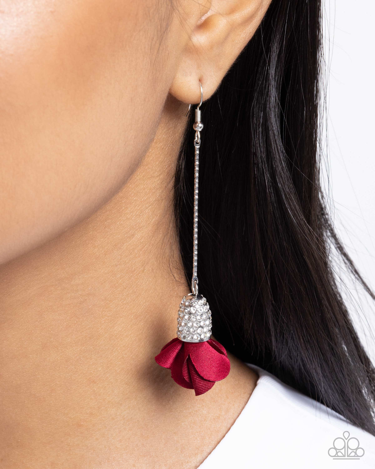 Drop Dead Dazzle Red Floral Earrings - Paparazzi Accessories- on model - CarasShop.com - Paparazzi Jewelry by Cara Jewels