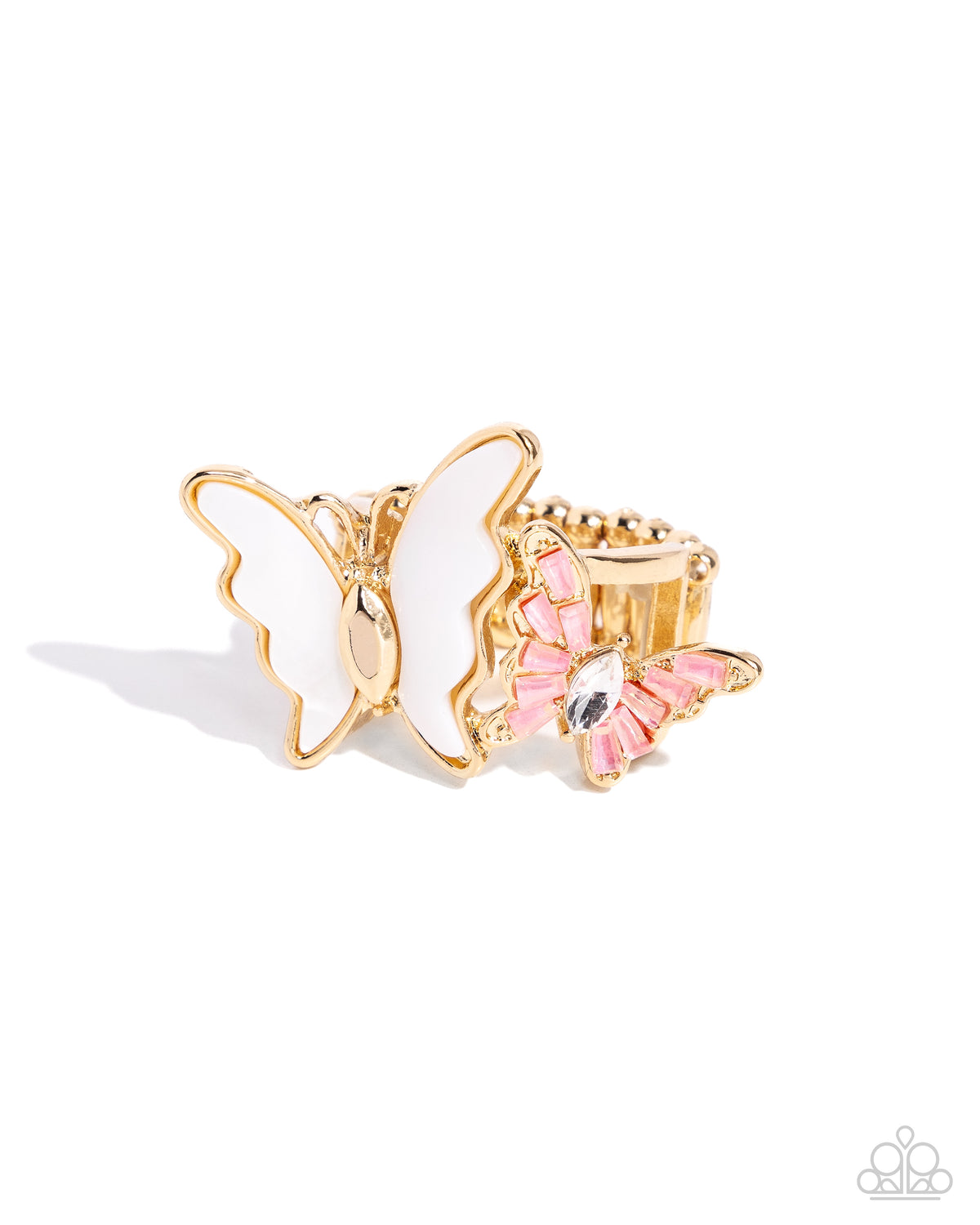 Dueling Decadence Gold, Pink Gem & White Shell Butterfly Ring - Paparazzi Accessories- lightbox - CarasShop.com - Paparazzi Jewelry by Cara Jewels