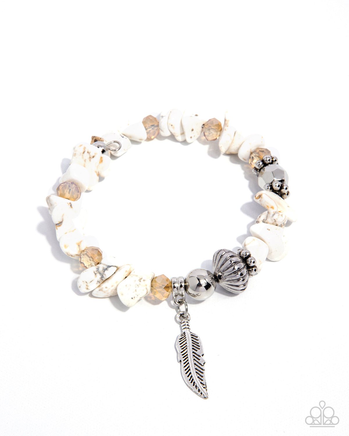 Earthy Earning White Stone & Silver Feather Bracelet - Paparazzi Accessories- lightbox - CarasShop.com - Paparazzi Jewelry by Cara Jewels