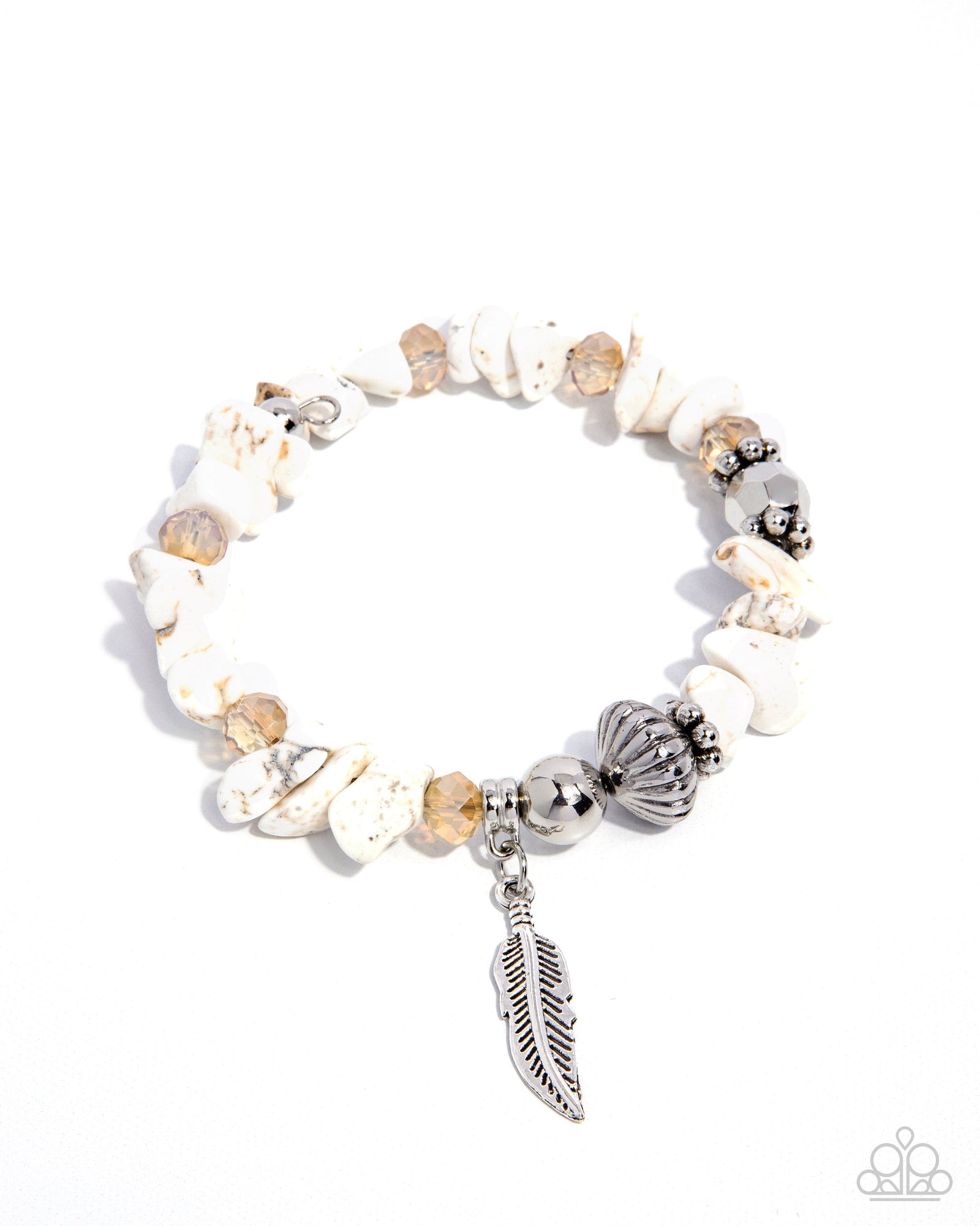Earthy Earning White Stone & Silver Feather Bracelet - Paparazzi Accessories- lightbox - CarasShop.com - Paparazzi Jewelry by Cara Jewels