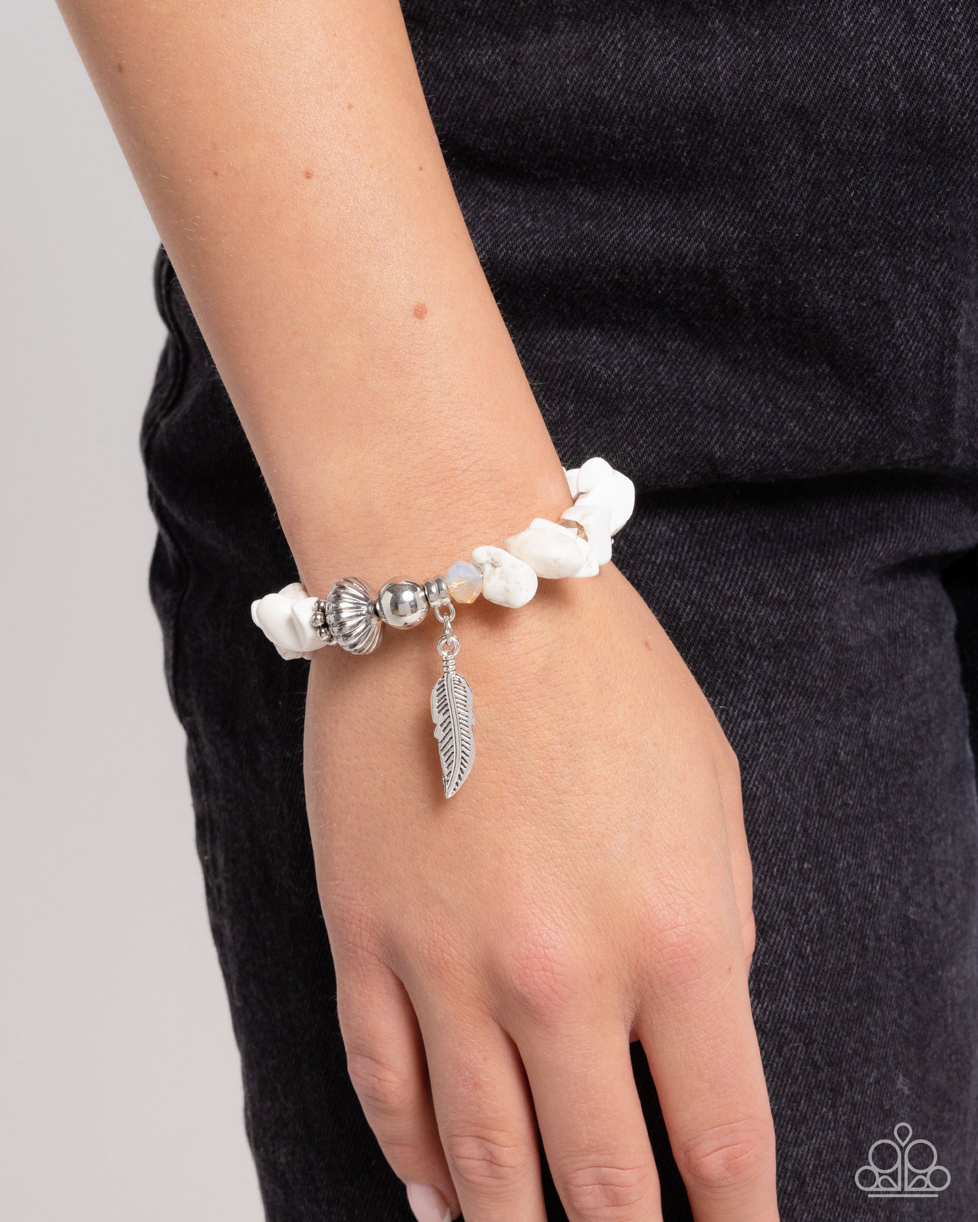 Earthy Earning White Stone & Silver Feather Bracelet - Paparazzi Accessories- lightbox - CarasShop.com - Paparazzi Jewelry by Cara Jewels