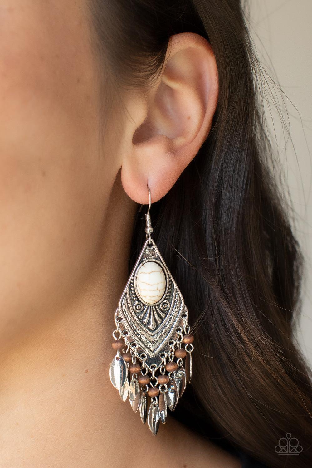 Earthy Etiquette White Stone Earrings - Paparazzi Accessories- on model - CarasShop.com - Paparazzi Jewelry by Cara Jewels