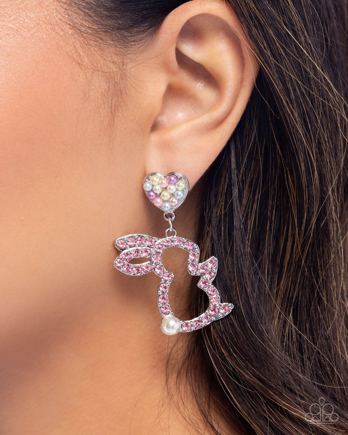 Easter Element Multi Pink Rhinestone Bunny Earrings - Paparazzi Accessories- on model - CarasShop.com - Paparazzi Jewelry by Cara Jewels
