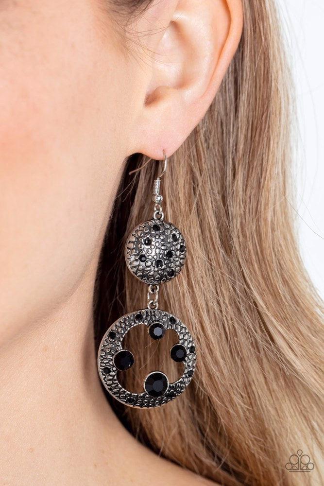 Eastern Entrada Black Earrings - Paparazzi Accessories- on model - CarasShop.com - Paparazzi Jewelry by Cara Jewels