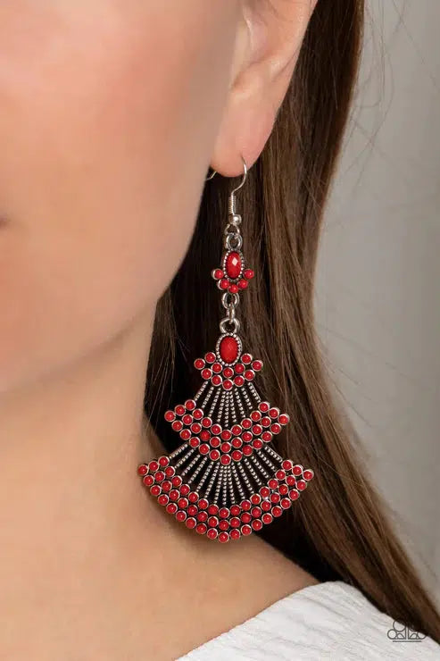 Eastern Expression Red Earrings - Paparazzi Accessories- on model - CarasShop.com - Paparazzi Jewelry by Cara Jewels