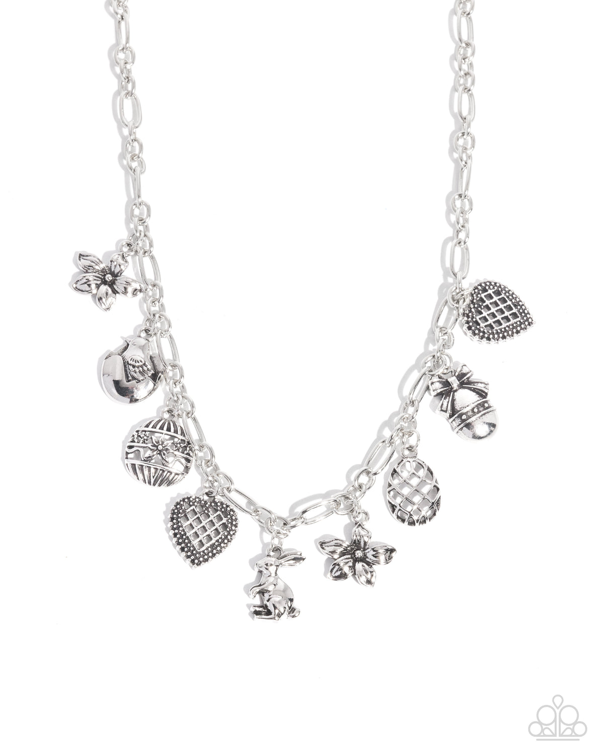 Eclectic Easter - Extensive Easter Silver Charm Necklace & Bracelet Set - Paparazzi Accessories- on model - CarasShop.com - Paparazzi Jewelry by Cara Jewels