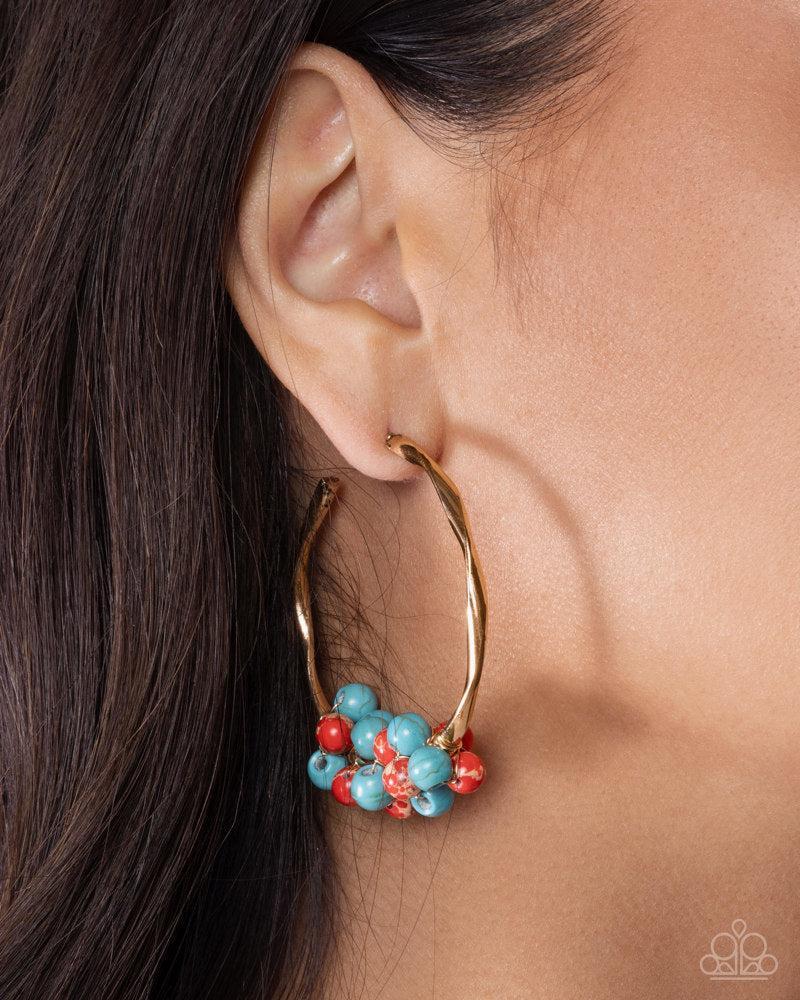 Eclectic Echo Red & Turquoise Stone Hoop Earrings - Paparazzi Accessories- on model - CarasShop.com - Paparazzi Jewelry by Cara Jewels