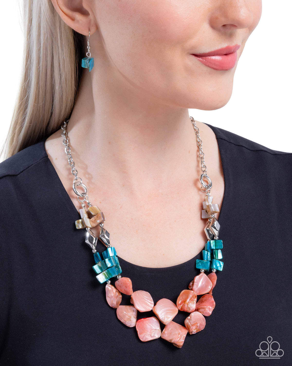 Eclectic Example Orange Coral & Blue Shell Necklace - Paparazzi Accessories- on model - CarasShop.com - Paparazzi Jewelry by Cara Jewels