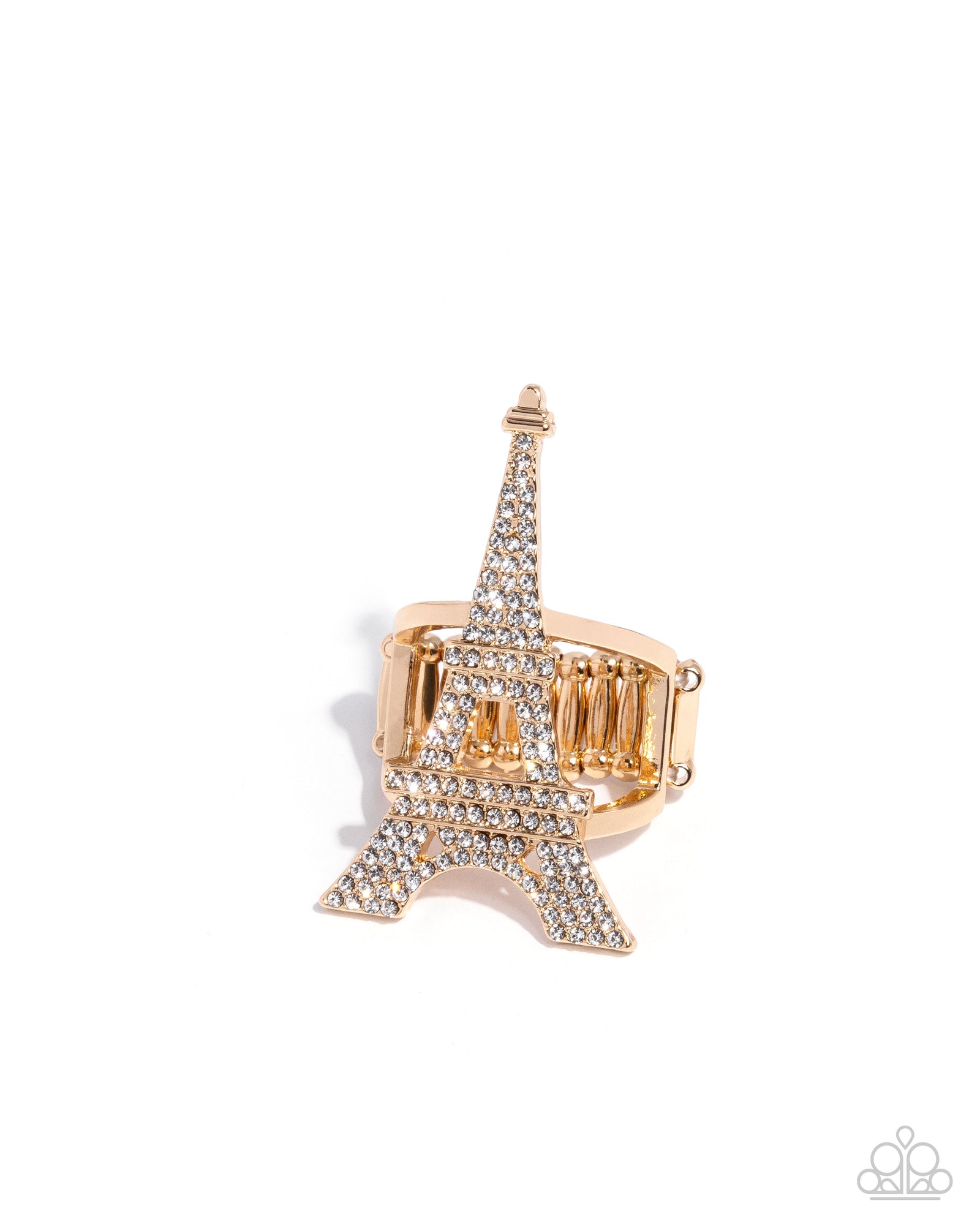 Eiffel Tower Ease Gold & White Rhinestone Ring - Paparazzi Accessories- lightbox - CarasShop.com - Paparazzi Jewelry by Cara Jewels