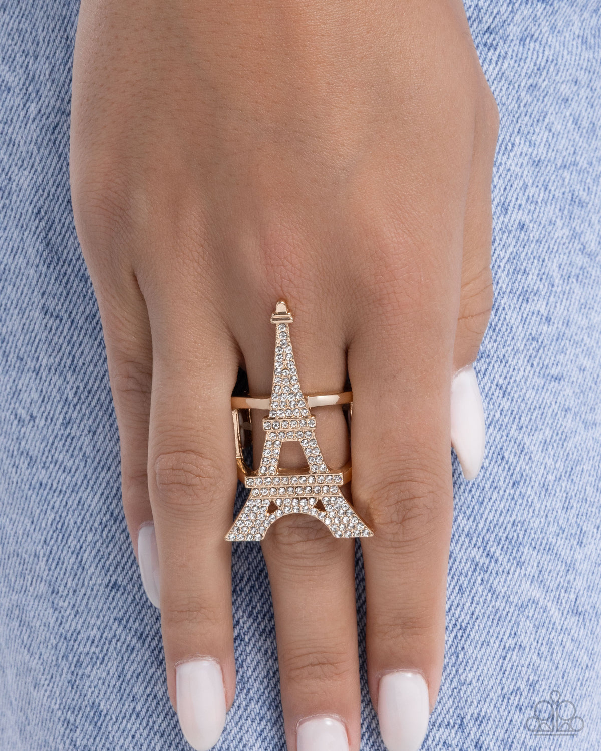 Eiffel Tower Ease Gold & White Rhinestone Ring - Paparazzi Accessories-on model - CarasShop.com - Paparazzi Jewelry by Cara Jewels