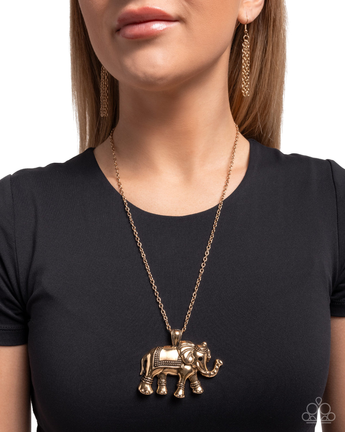 Elaborate Elephant Gold Necklace - Paparazzi Accessories- on model - CarasShop.com - Paparazzi Jewelry by Cara Jewels