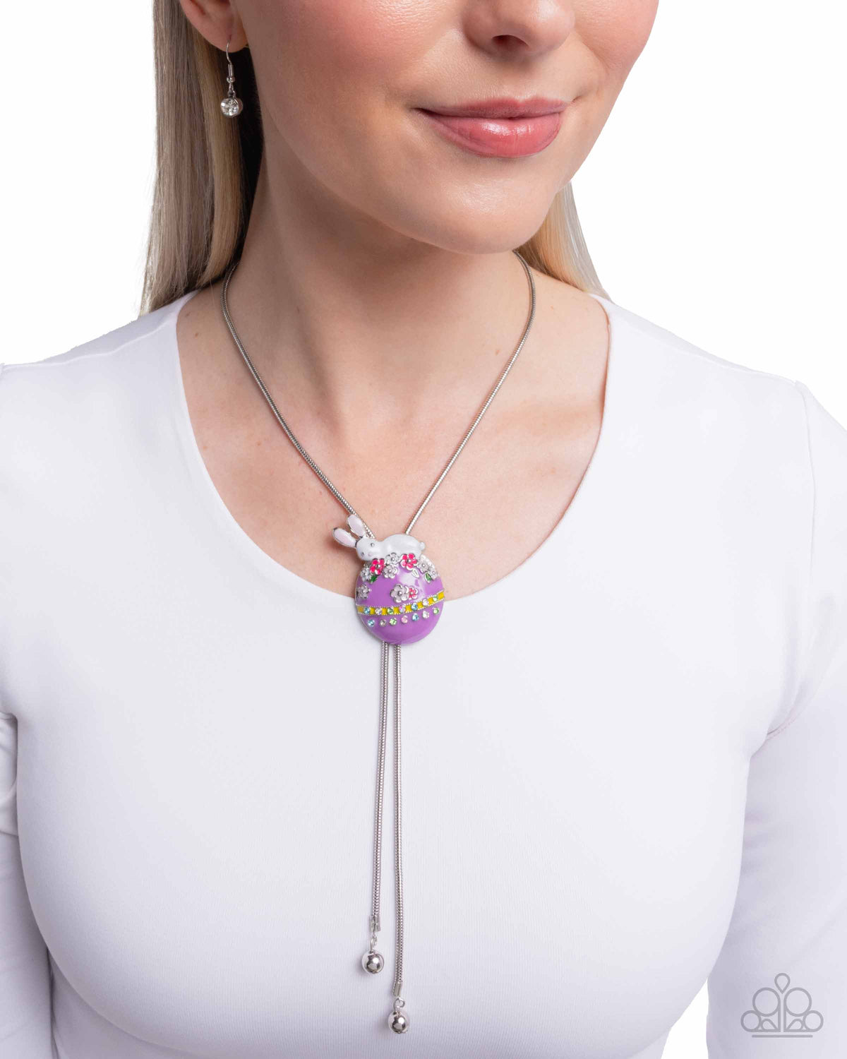 Elated Easter Multi Purple Bolo Necklace - Paparazzi Accessories- on model - CarasShop.com - Paparazzi Jewelry by Cara Jewels