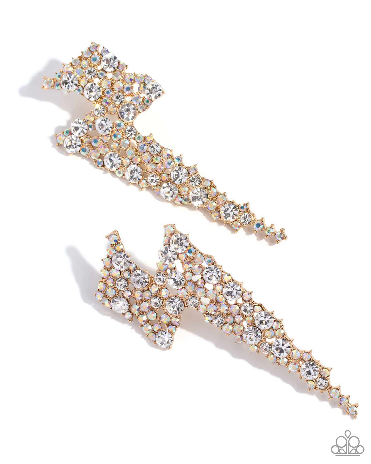 Electric Effulgence Gold & White Rhinestone Earrings - Paparazzi Accessories- lightbox - CarasShop.com - Paparazzi Jewelry by Cara Jewels