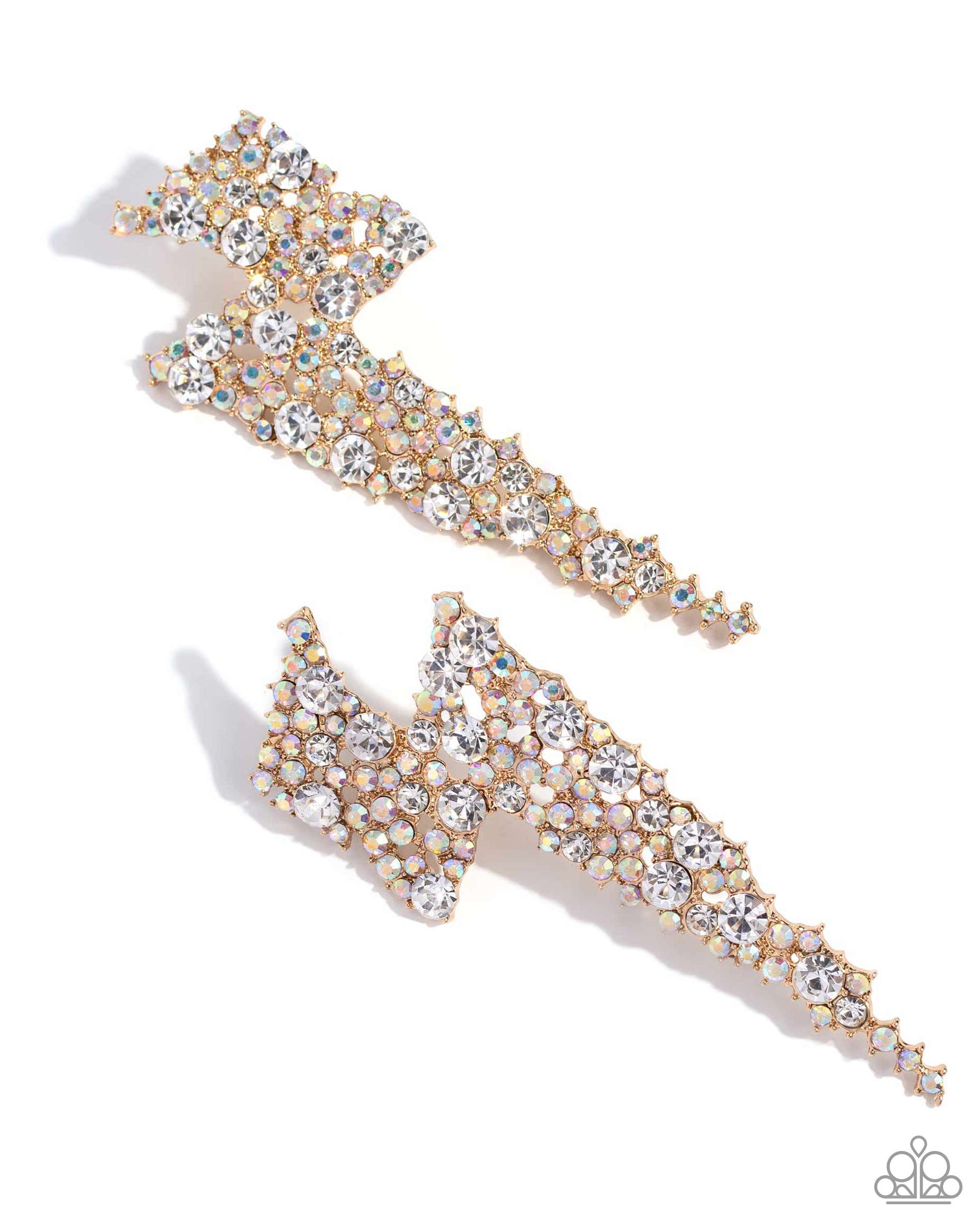 Electric Effulgence Gold & White Rhinestone Earrings - Paparazzi Accessories- lightbox - CarasShop.com - Paparazzi Jewelry by Cara Jewels