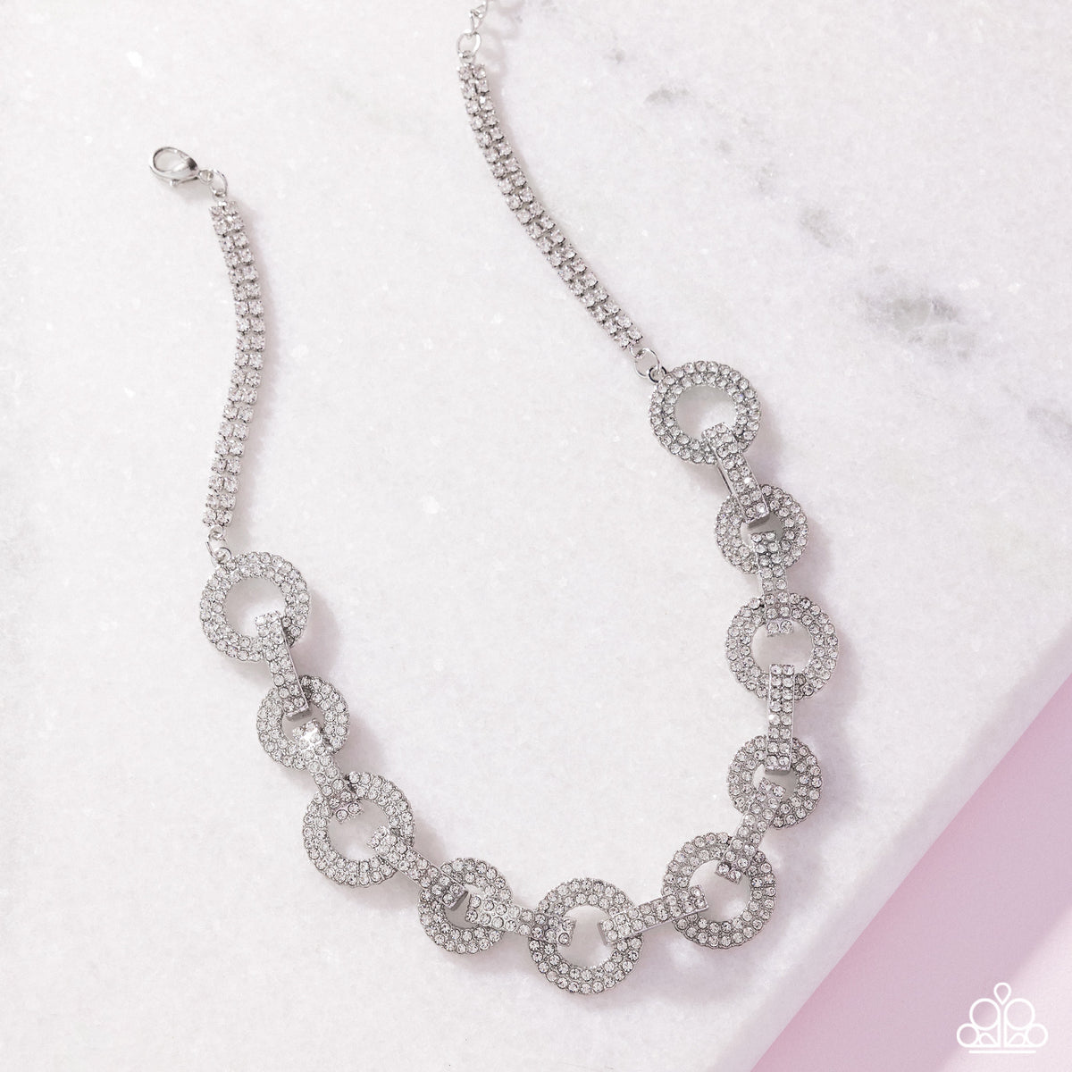 Elegant Embrace White Rhinestone Choker Necklace - Paparazzi Accessories-flat lay - CarasShop.com - Paparazzi Jewelry by Cara Jewels