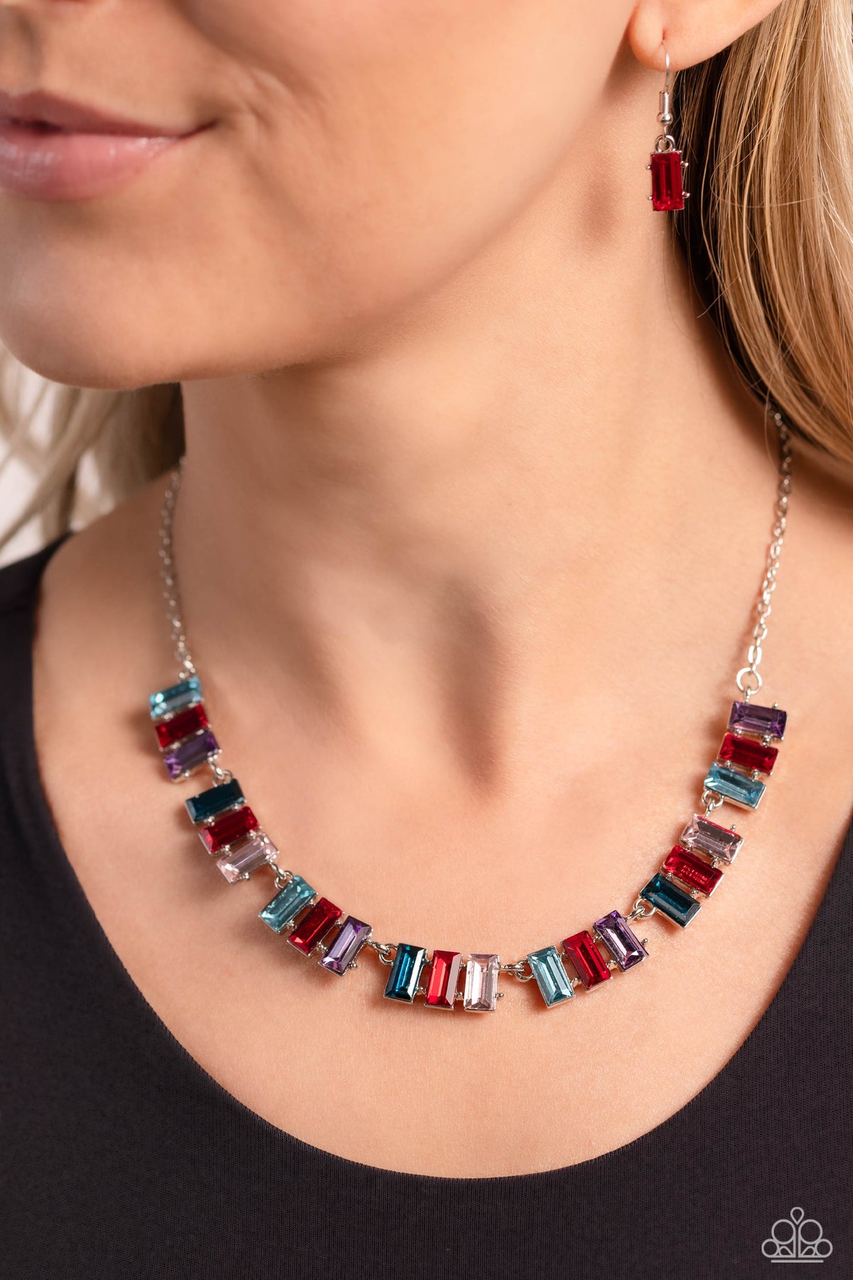 Elite Emeralds Red Necklace - Paparazzi Accessories- on model - CarasShop.com - Paparazzi Jewelry by Cara Jewels