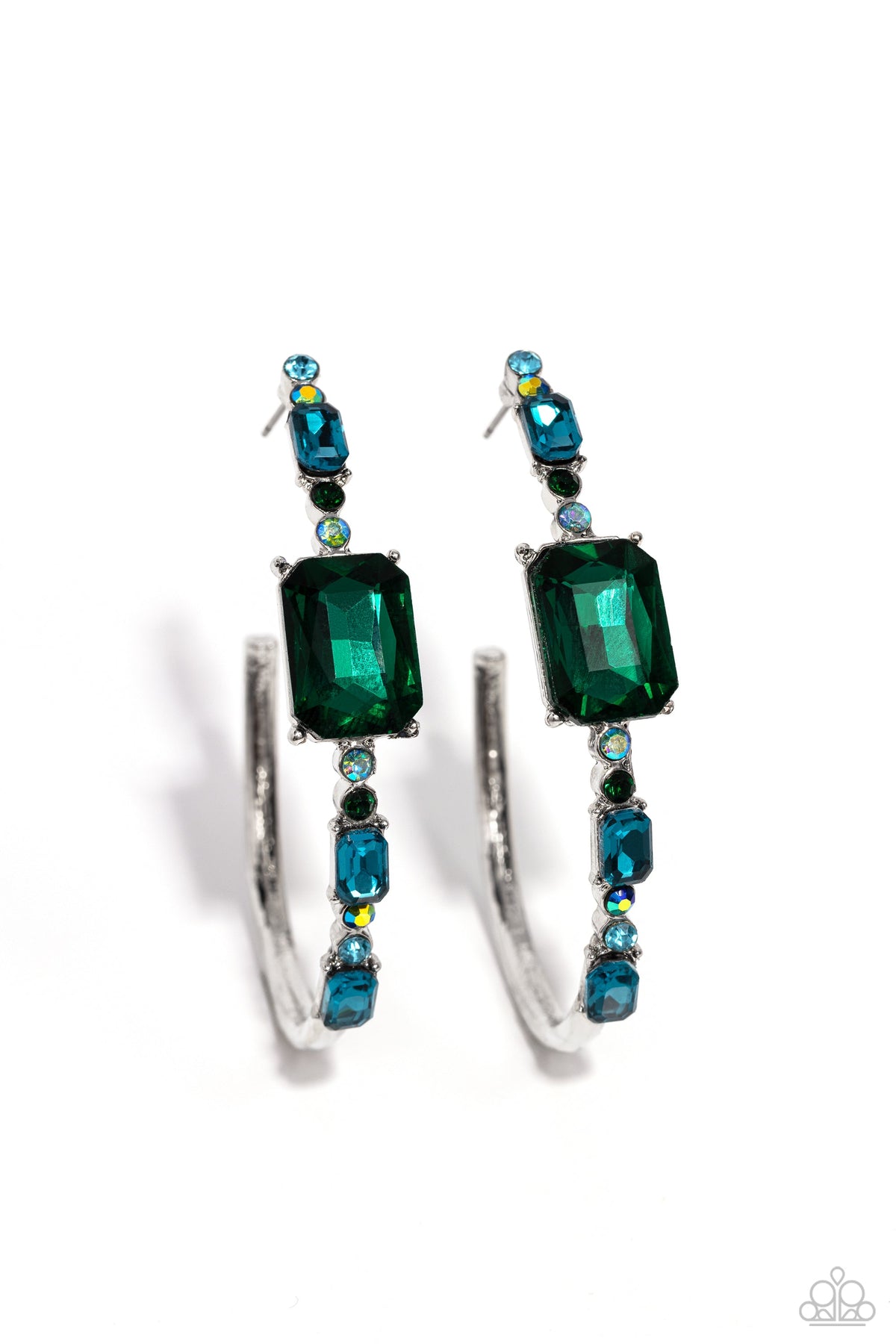Elite Ensemble Green Rhinestone Hoop Earrings - Paparazzi Accessories- lightbox - CarasShop.com - Paparazzi Jewelry by Cara Jewels