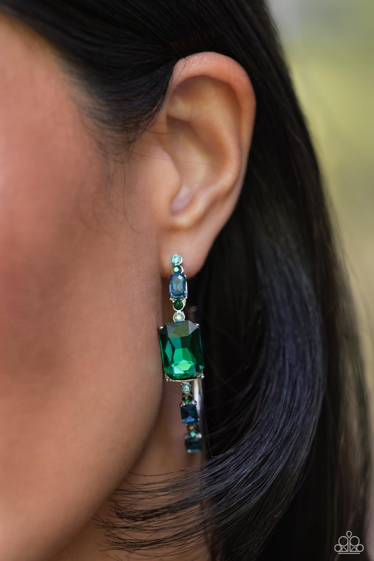 Elite Ensemble Green Rhinestone Hoop Earrings - Paparazzi Accessories- on model - CarasShop.com - Paparazzi Jewelry by Cara Jewels