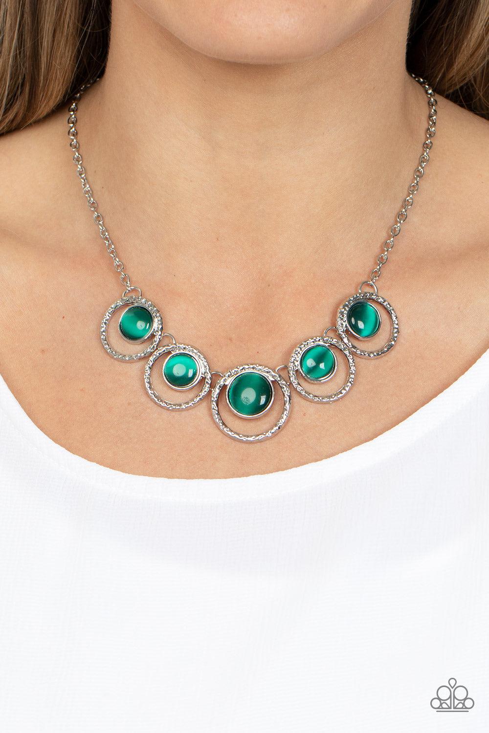 Elliptical Enchantment Green Cat's Eye Stone Necklace - Paparazzi Accessories- on model - CarasShop.com - Paparazzi Jewelry by Cara Jewels