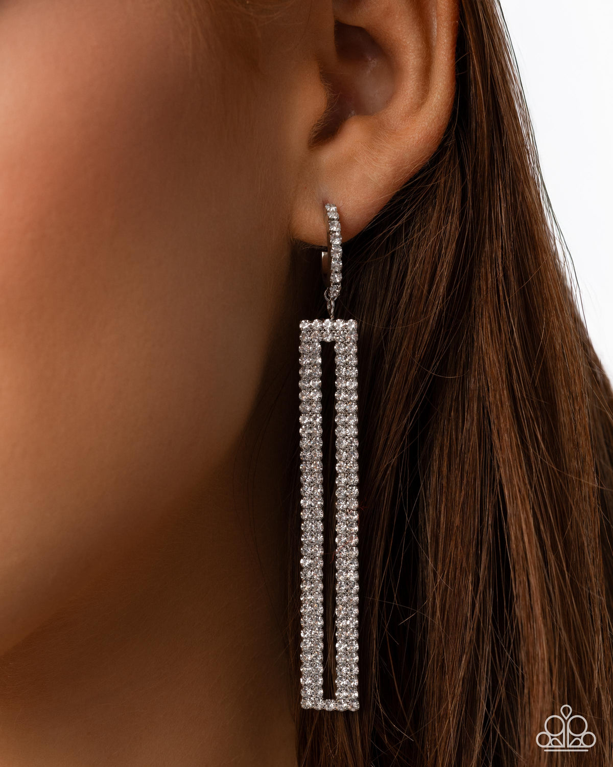 Elongated Ease White Rhinestone Earrings - Paparazzi Accessories-on model - CarasShop.com - Paparazzi Jewelry by Cara Jewels