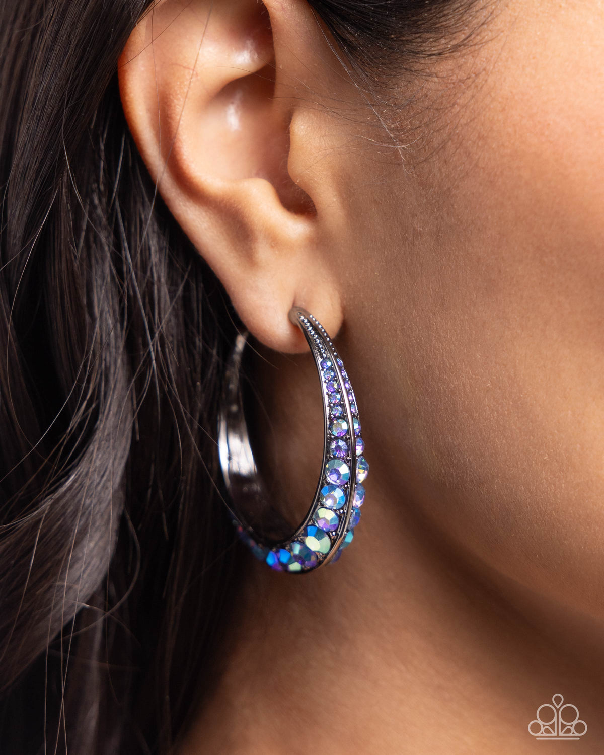 Embedded Edge Blue Iridescent Rhinestone Hoop Earrings - Paparazzi Accessories- on model - CarasShop.com - Paparazzi Jewelry by Cara Jewels