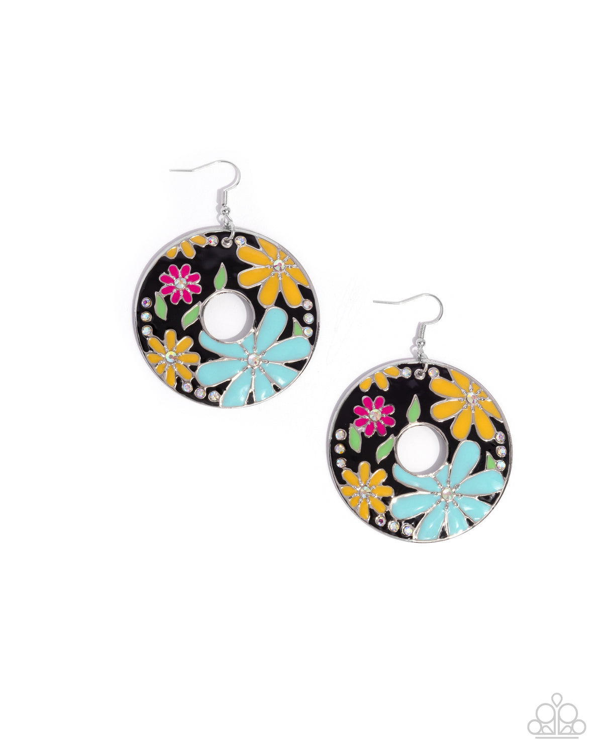 Embroidered Elegance Black & Multi Flower Earrings - Paparazzi Accessories- lightbox - CarasShop.com - Paparazzi Jewelry by Cara Jewels