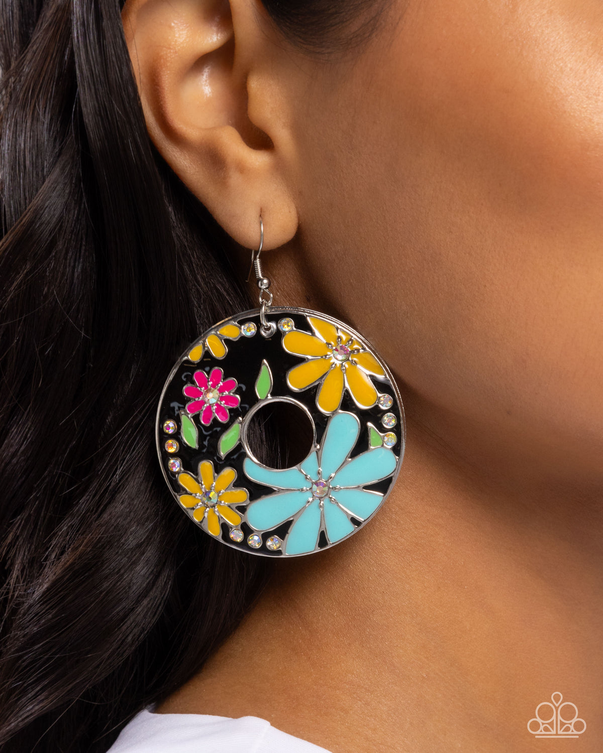 Embroidered Elegance Black & Multi Flower Earrings - Paparazzi Accessories- on model - CarasShop.com - Paparazzi Jewelry by Cara Jewels